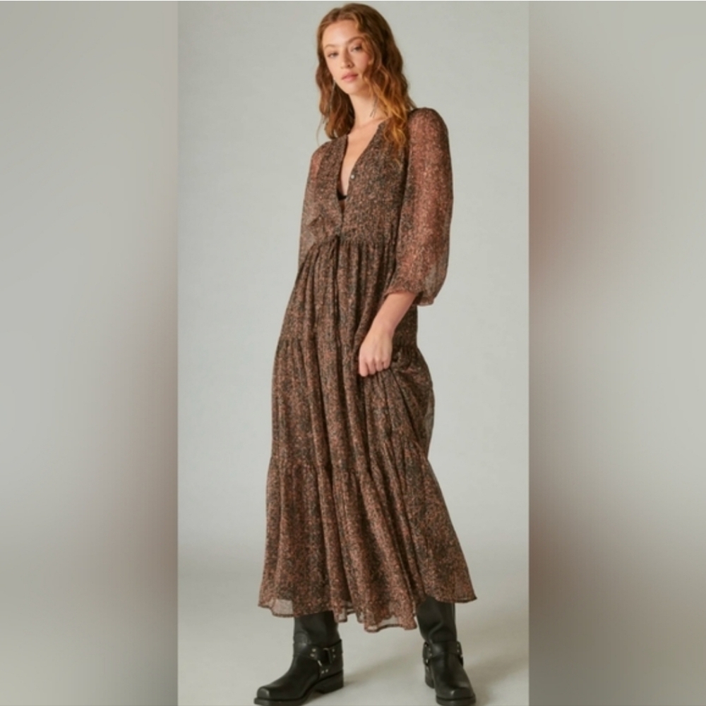 Lucky Brand Printed Metallic Brown Floral Tiered Maxi Dress Size L